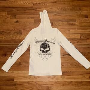 Harley Davidson Y2K Henley Hoodie Womens Size Med Knit Studded Skull White